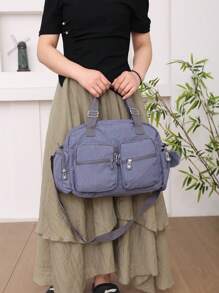 Women's Nylon College School Shoulder Crossbody Bag With Key Ring - 霧霾藍 - 查看 4