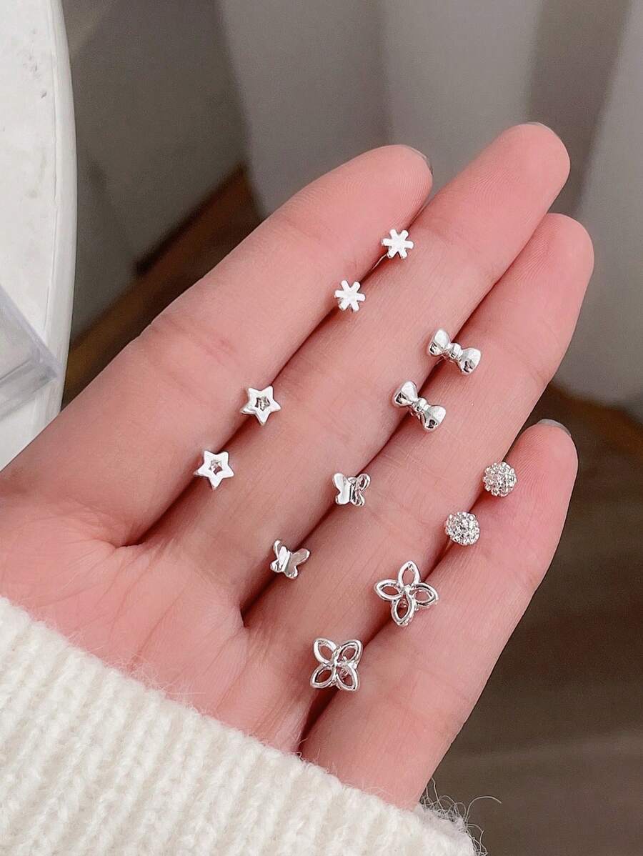 6 对时尚简约蝴蝶、花朵和星形耳钉套装,适合女孩日常佩戴,适合圣诞节 - 銀色 - 查看 1