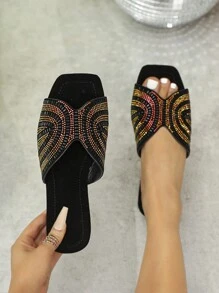 Women's Colorful Rhinestone Flat Sandals, Summer Casual Black Suede Slippers Valentines