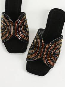 Women's Colorful Rhinestone Flat Sandals, Summer Casual Black Suede Slippers Valentines