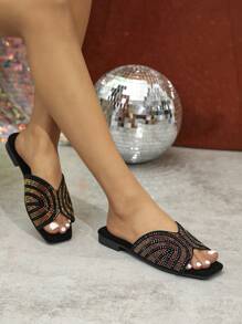 Women's Colorful Rhinestone Flat Sandals, Summer Casual Black Suede Slippers Valentines