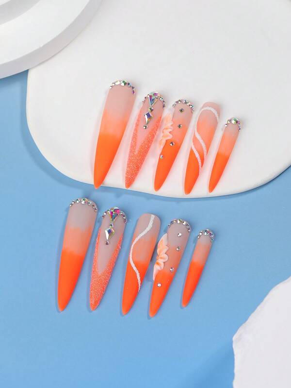 10pcs Y2K Extra Long Pointed Type 3D DIY Handemade Press On Nails French Style Summer Nail Art Multi-Color Frosted Craft Glitter Rhinestone Decoration Fake Nail Long Nails , 1pc Nail File And 1pc Nail Glue, Suitable For Girls And Women Festival Parties And Daily Wear GIFT Nail Salon