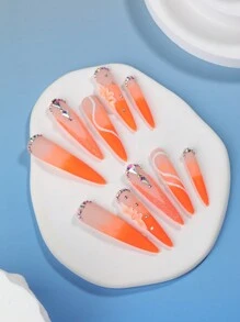 10pcs Y2K Extra Long Pointed Type 3D DIY Handemade Press On Nails French Style Summer Nail Art Multi-Color Frosted Craft Glitter Rhinestone Decoration Fake Nail Long Nails , 1pc Nail File And 1pc Nail Glue, Suitable For Girls And Women Festival Parties And Daily Wear GIFT Nail Salon