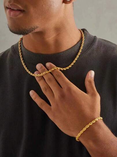 2pcs/Set Gold-Color Stainless Steel 18K  Plated Twisted Chain Bracelet And Necklace Combination For Men, Simple Style For Sports And Fashion Accessory