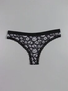 Dircho 4 件性感可爱哥特式撞色蕾丝女式丁字裤，万圣节骷髅、眼球、蘑菇和蝙蝠全身印花舒适丝滑内裤，女士内衣