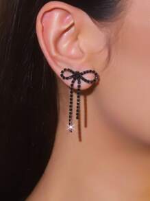 Retro Shining Tassel Club Bowknot Crystal Rhinestone Earrings Stud Wedding Party Graduation Jewelry 1 Pair - Silver - View 12