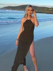 黑色针织露背透视开衩吊带裙性感泳装罩衫沙滩装连衣裙夏季 - 黑色 - 查看 6