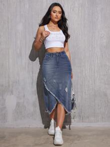 Gonna midi in denim da donna con elegante frangia e finitura lavata alla moda