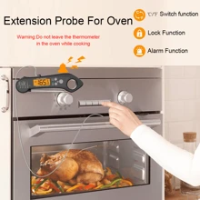 Un thermomètre à viande imperméable, multifonctionnel, pliable et manuel avec des lectures rapides en 2 à 3 secondes, une détection de température précise, fabriqué en matériau ABS, avec une sonde en métal en acier inoxydable et un bouton de commande en silicone. Il dispose d'un écran rétroéclairé, d'un aimant à l'arrière pour un rangement facile sur les réfrigérateurs, d'une fonction étanche, d'une température d'alarme réglable, d'une fonction d'alarme sonore et d'une sonde externe avec un cordon d'extension. La température peut être calibrée. Compact et léger, la sonde pliable assure un rangement sûr et sécurisé. Il est également livré avec un design suspendu.