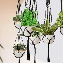 3 件装花架、花边植物挂架、带 3 个挂钩的室内悬挂花盆、手工编织绳悬挂花架、悬挂花盆篮，尺寸各异，适用于室内外波西米亚风格家居装饰（黑色） - 黑色 - 查看 3