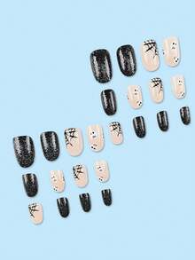 24 miếng dán móng tay ma mạng nhện đen tròn ngắn dễ thương, xấu xí và hài hước, Bộ nghệ thuật ấn vào móng tay giả, thích hợp để mặc hàng ngày, hẹn hò, uống trà và đi chơi - Nhiều màu - Xem 2