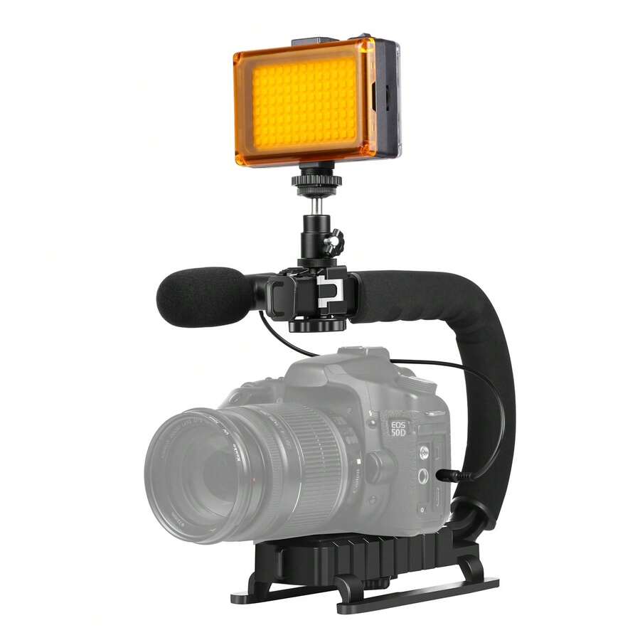 PULUZ U/C Shape Bộ ổn định khung DV cầm tay di động + Đèn LED Studio + Bộ micrô quay video với đầu chân máy lạnh cho tất cả máy ảnh SLR và máy ảnh DV gia đình