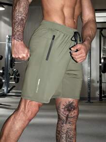 Quick Drying Comfortable Shorts, Men's Casual Non-Stretch Elastic Waist Drawstring Shorts For Summer Gym Workout Training, Reflective - 卡其色 - 查看 2
