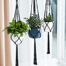 3 件装花架、花边植物挂架、带 3 个挂钩的室内悬挂花盆、手工编织绳悬挂花架、悬挂花盆篮，尺寸各异，适用于室内外波西米亚风格家居装饰（黑色） - 黑色 - 查看 5