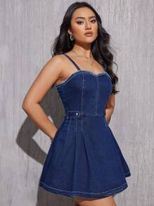 女士休闲弹力吊带 A 字型牛仔连衣裙，春/夏/秋 - 深色水洗藍 - 查看 5