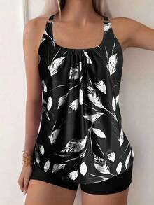 2pcs Leaf Print Round Ring Strap Tankini Top And Swim Bottoms Sports Tankini Set Summer