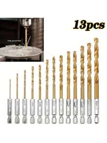 13pcs Titanium Drill Bit Set - High Speed Steel Twist Drill Bit With Quick Change Hex Shank - 1/16-1/4, Suitable For Drilling Wood, Plastic, Aluminum Alloy Metal, Etc.,Tool Accessories