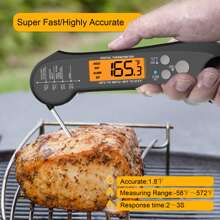 Un thermomètre à viande imperméable, multifonctionnel, pliable et manuel avec des lectures rapides en 2 à 3 secondes, une détection de température précise, fabriqué en matériau ABS, avec une sonde en métal en acier inoxydable et un bouton de commande en silicone. Il dispose d'un écran rétroéclairé, d'un aimant à l'arrière pour un rangement facile sur les réfrigérateurs, d'une fonction étanche, d'une température d'alarme réglable, d'une fonction d'alarme sonore et d'une sonde externe avec un cordon d'extension. La température peut être calibrée. Compact et léger, la sonde pliable assure un rangement sûr et sécurisé. Il est également livré avec un design suspendu.
