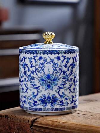 1 vintage blauw-witte porseleinen voorraadpot met emaillekleur, keramische verzegelde theebus, theebus, tafelversieringen, theeaccessoires voor terug naar school