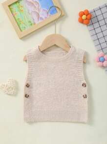 Baby Girl Solid Color Button Up Knitted Vest Sweater - Apricot - View 3