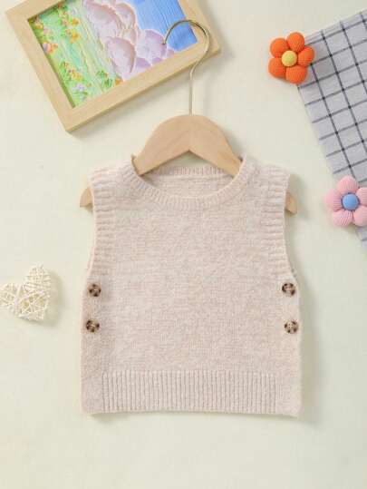 女婴纯色纽扣针织背心毛衣