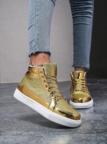 （尺码偏小）女士时尚金属亮片高帮系带休闲运动鞋，个性化百搭舞鞋，舒适情侣运动鞋，金色 - 金色 - 查看 10
