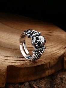 1 PC Bạc 925 Vintage Đau Khổ Quỷ Thiên Thần Đầu Lâu Nhẫn, Có Thể Điều Chỉnh Kích Thước, Thích Hợp Cho Nam Đeo Hàng Ngày - Màu Bạc Cổ - Xem 3