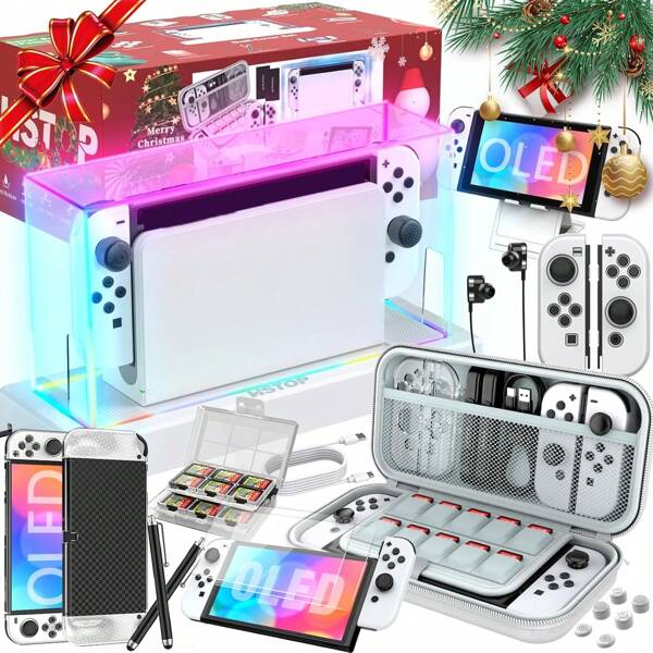 Switch OLED Accessories Bundle For  Switch OLED 25in 1, Gift Kit With LED Display Cover, Carrying Case, Dockable Protective Case, Etc., Cool OLED Accessories Gift (White)