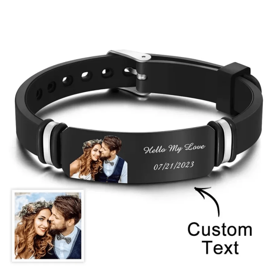 Custom Men's Photo Engraved Bracelet Wedding Gift For Anniversary Or Newly Married Couple Personalized Bracelet Stylish,Fall Fashion,Vintage,Contracted,Simple Custom,Personalized,Unique Ideal Gifts For Him Boyfriend,Dad,Family,Friends,Son,Grandparents For Anniversaries,For Valentine's Day,For Birthdays,For Father's Day,For Graduation,For Daily Wear,For Prom Valentines,Jewelry & Watches,Season Picks,Elegant Outfit - Black - View 1