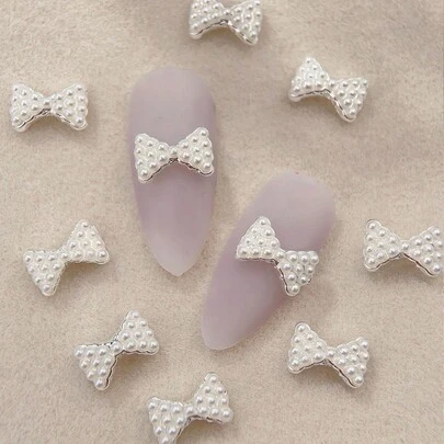 10 件全珍珠蝴蝶结指甲配件立体合金银蝴蝶结指甲用品漂亮淑女女孩指甲饰物工艺品手机壳 DIY 指甲宝石