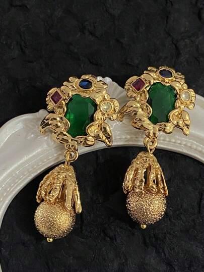 1pc Vintage Copper-Plated Gemstone Flower Earrings With 925 Silver Needle, Elegant And, Suitable For Girls' Daily Wear Valentines