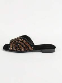 Women's Colorful Rhinestone Flat Sandals, Summer Casual Black Suede Slippers Valentines