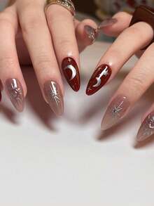 24 piezas Arte de uñas vintage estilo occidental hecho a mano de longitud larga, desmontable, color burdeos con estrellas 3D, lunar, gota de agua y unicolor, adecuado para viajes, uso diario, festivales, fiestas, para combinar con uñas en forma de almendra + 1 pieza Gel de uñas estilo jalea + 1 pieza Lima de uñas - Multicolor - Ver 3