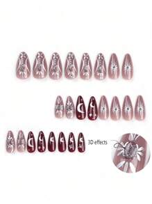 24 piezas Arte de uñas vintage estilo occidental hecho a mano de longitud larga, desmontable, color burdeos con estrellas 3D, lunar, gota de agua y unicolor, adecuado para viajes, uso diario, festivales, fiestas, para combinar con uñas en forma de almendra + 1 pieza Gel de uñas estilo jalea + 1 pieza Lima de uñas - Multicolor - Ver 2