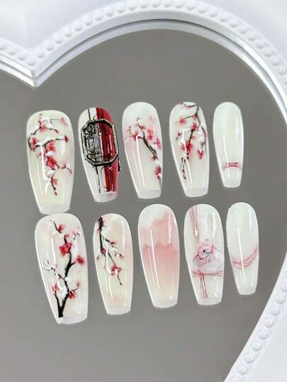 10 Long Coffin Nail Mountain Wild Plum Flower Plant Printing, Artistic Line Design Nail Art Handmade Nail Nail Nail False Piece Can Be Disassembled And Reused, Suitable For Ladies, Girls In The Stage, Prom, Party Scene Use, With 1 Piece Of Jelly Roll 1 Piece Press On Nails Nail Supplies Nails