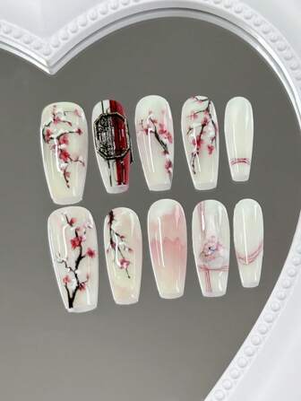 10 långa kista naglar med bergsvild plommonblomma och växttryck, konstnärlig linjedesign nagelkonst handgjord nagel nagel falsk nagelbit kan demonteras och återanvändas, lämplig för damer, tjejer på scen, bal, festscen, med 1 bit gelérulle 1 bit press-on naglar nageltillbehör naglar