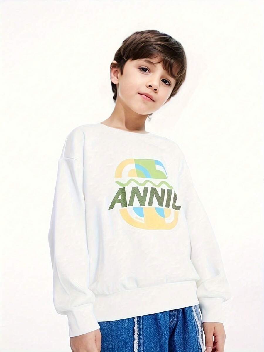 Annil 男童白色繞頸長袖套頭衫，有趣字母印花圓擺帽衫款 - 白色 - 查看 1