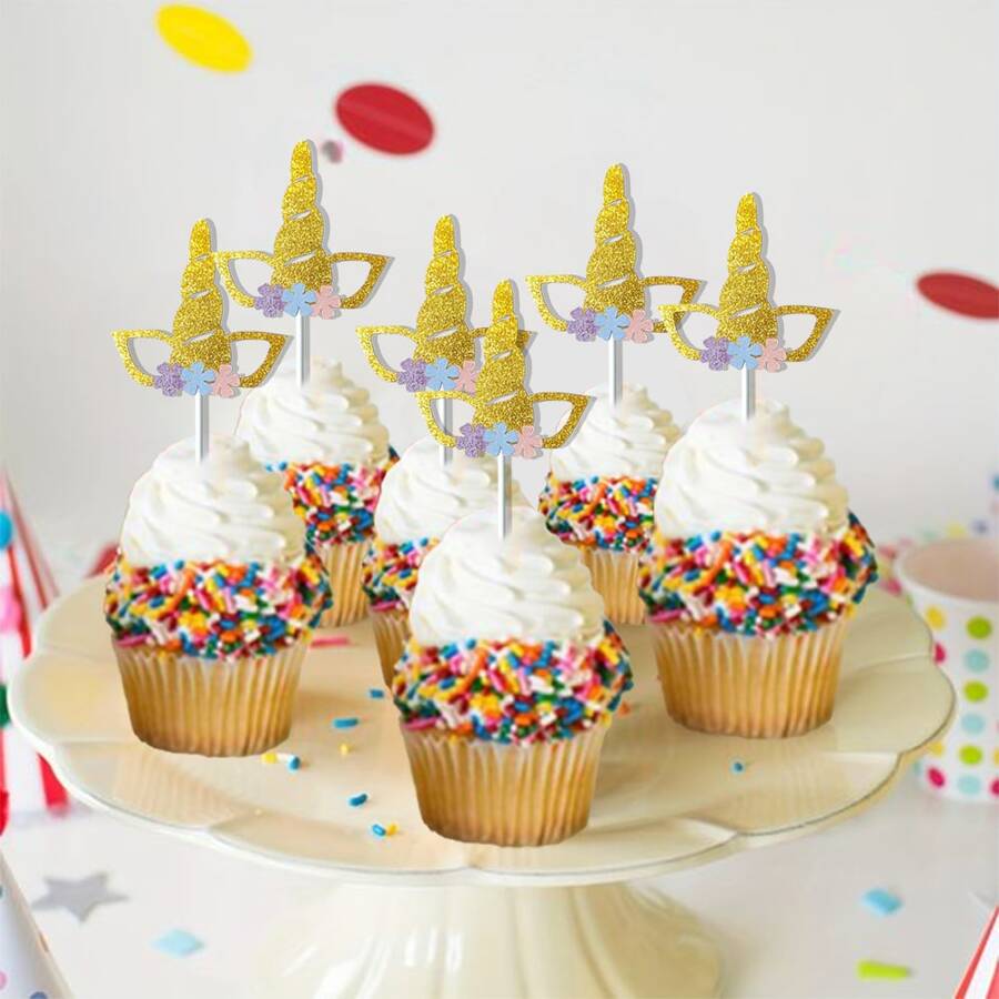 6入組獨角獸蛋糕造型金色閃粉紙，花卉甜品生日婚禮宴會蛋糕裝飾 - 彩色 - 查看 1