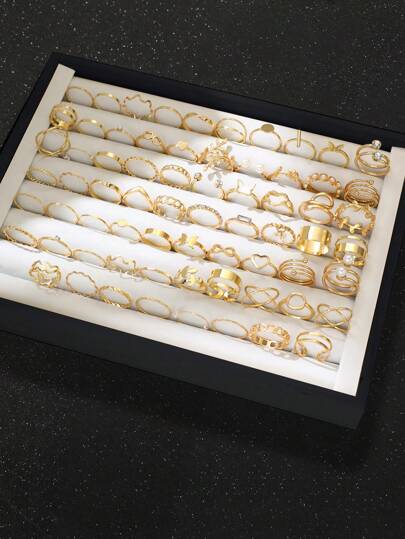 68-22入組時尚簡約優雅性感蝴蝶心形花葉假珍珠鑲鑽波浪形幾何繞繩扭曲鏈多層寬金屬戒指，適用於節日派對、約會夜晚、禮物和日常佩戴（不含盒子）