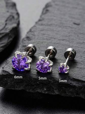 1入組時尚男女通用紫色龍爪和鱗片圖案立體切割氧化鋯石釘耳環，不銹鋼材質