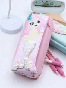 1pc Cartoon Mermaid Glitter Cloth High-Capacity Pencil Case Stationery Storage Bag Suitable For School Students,Pencil Pouch,School Bag - one-size - View 9