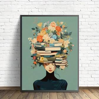 1幅帆布海报，可选画框，复古艺术风格，励志女孩头戴花冠阅读，适用于图书馆、家居装饰、客厅、办公室、书房、卧室、浴室。采用防水柔软帆布制成，是送给爱书人士的理想礼物，可装裱成墙面艺术品。
