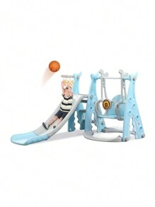 Toddlers Slide And Swing Set 4 In 1 Kids Freestanding Climber Slide Playset For Boys Girls With Basketball Hoop Extra Long Slide Easy Set Up Baby Playset - Blue - View 1