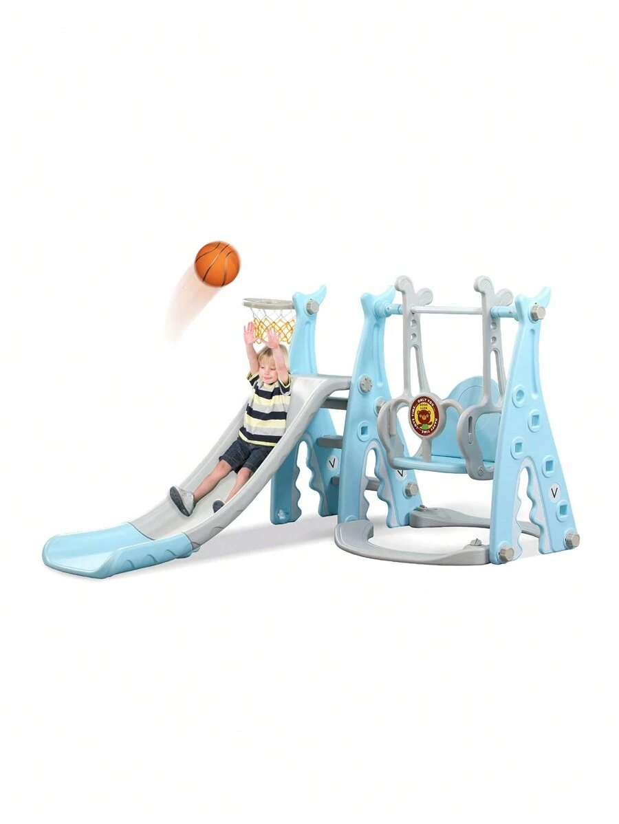 Toddlers Slide And Swing Set 4 In 1 Kids Freestanding Climber Slide Playset For Boys Girls With Basketball Hoop Extra Long Slide Easy Set Up Baby Playset - Blue - View 1