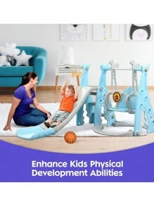 Toddlers Slide And Swing Set 4 In 1 Kids Freestanding Climber Slide Playset For Boys Girls With Basketball Hoop Extra Long Slide Easy Set Up Baby Playset - Blue - View 5