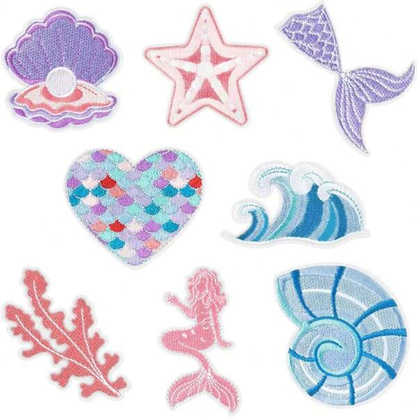 8pcs Mermaid Tail Iron On Patches, Sew On Embroidered Applique Repair Patch DIY Crafts Projects For Clothing Jacket Jeans Pants Dress Backpack Hat Decorations Gifts