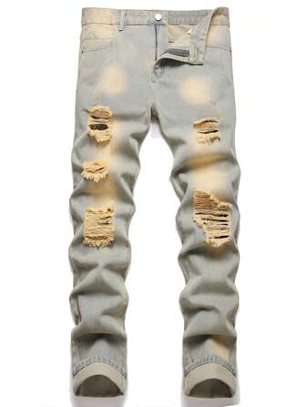 Men's Blue Distressed Denim Jeans, Emo Style