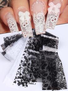 Ensemble de feuilles à transfert de vernis à ongles en dentelle blanche et noire, papier d'autocollant de transfert d'ongle pour manucure DIY, accessoires de décoration d'ongle, 10 feuilles / ensemble