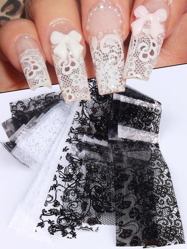 Ensemble de feuilles à transfert de vernis à ongles en dentelle blanche et noire, papier d'autocollant de transfert d'ongle pour manucure DIY, accessoires de décoration d'ongle, 10 feuilles / ensemble