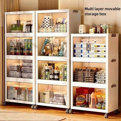 1 Multi-Layer Foldable Open Storage Cabinet For Home Living Room, High Aesthetic Storage Box, Clothing And Milk Powder Storage Box, Dormitory With Wheels, Multi-Layer Book And Snack Sorting Box, Open Storage Box, Storage Basket, Box, Box